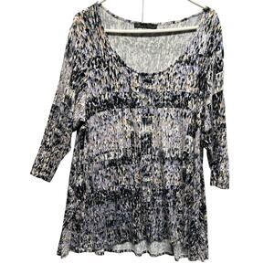 Rose + Olive Top 2X Blue Geometric Stretch Knit Scoop Neck 3/4 Sleeve Casual‎